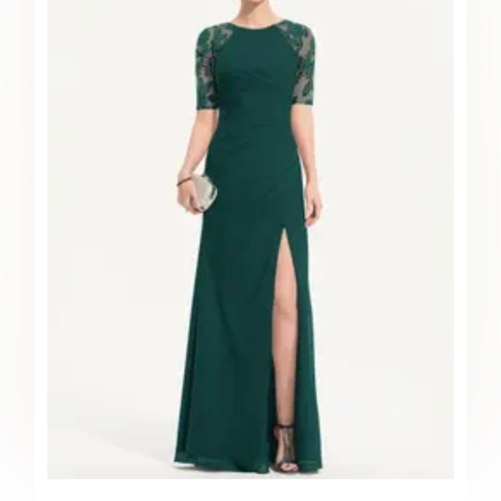 JJs House Dark Green Lace-Sleeve Formal Gown with Slit